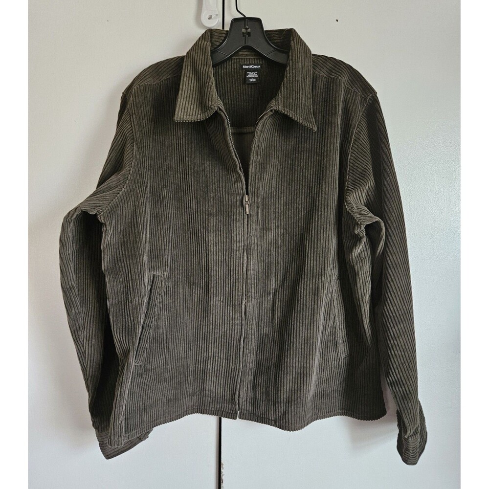 NorthCrest Corduroy Jacket Womens Large Brown Green Zip Up Cotton